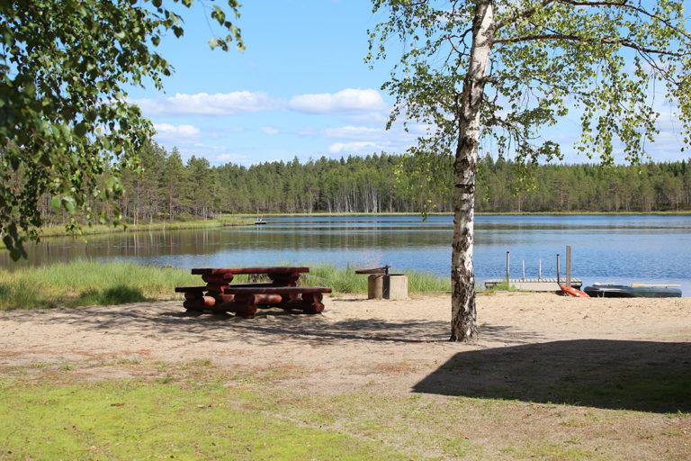 Peurajärven rannalla on tulipaikka ja hirsisiä pöytäryhmiä. Kuvassa koivuja, laituri ja sen vieressa pelasturengas ja -vene.
