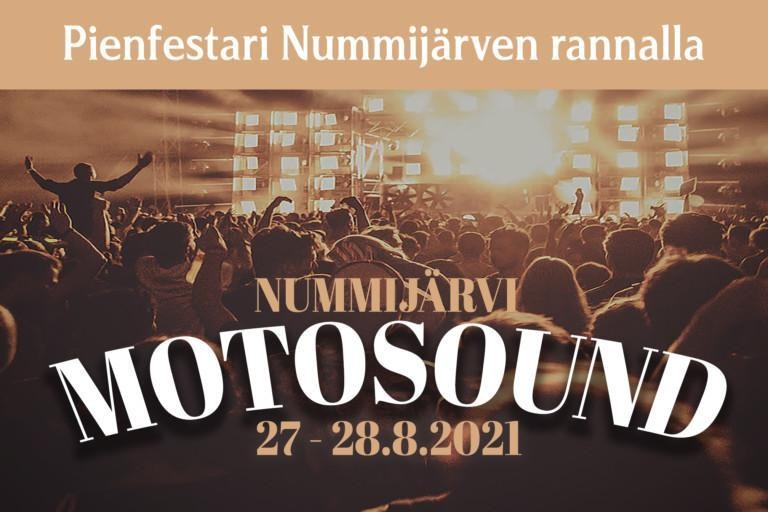 Motosound festivaalin ilmoitus. Kuvan päällä tekstiä sekä logo.