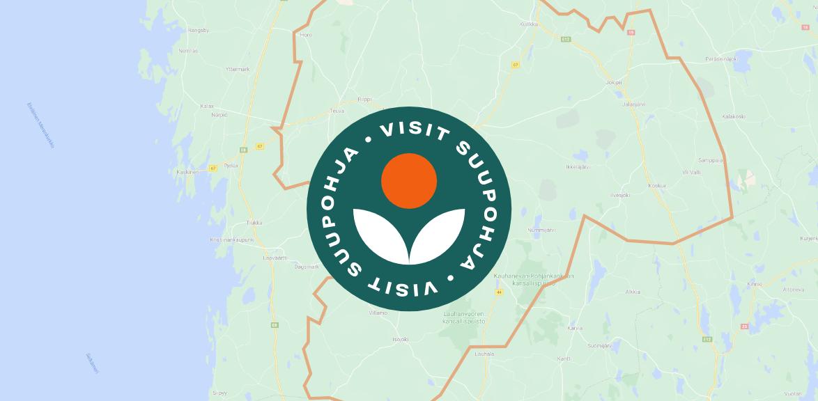 Kartta Suupohjan alueesta, kartan päällä Visit-Suupohjan logo