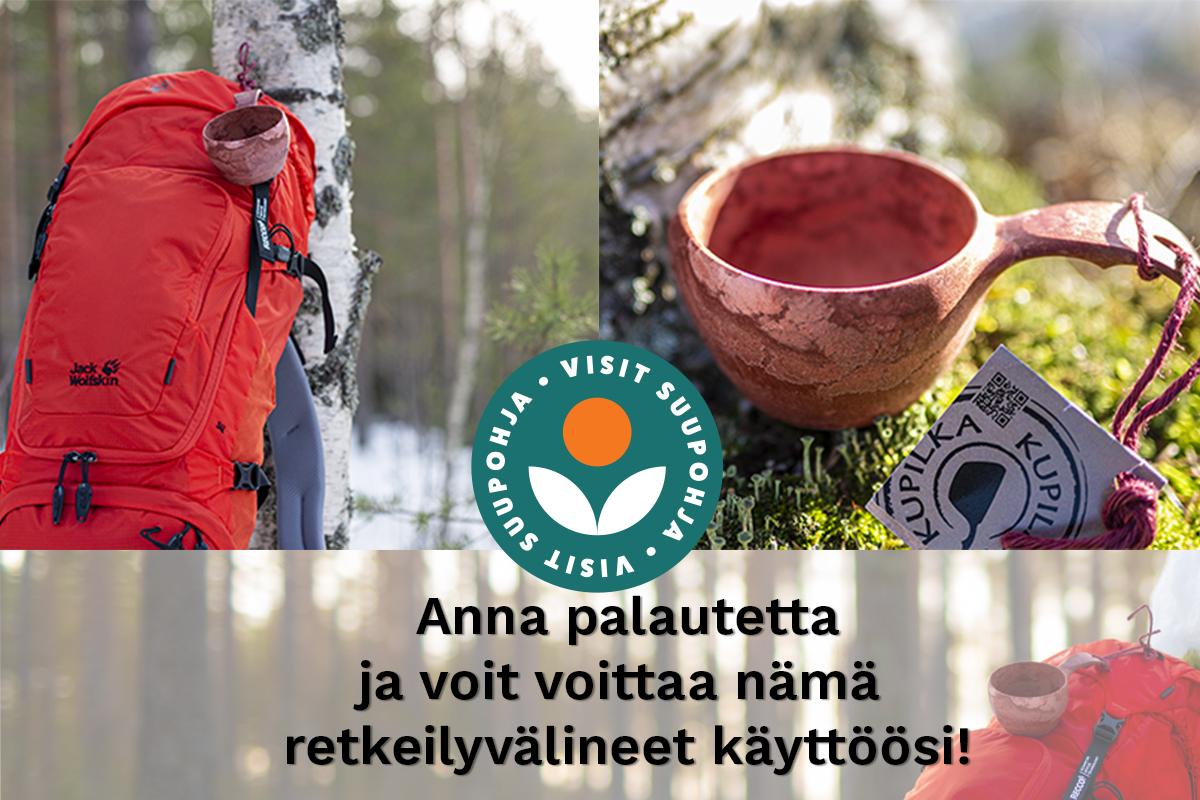 Mainoskuva, kuvassa oranssi reppu sekä muovinen kuksan kaltainen kippo sekä logo ja teksti, anna palautetta ja voit voittaa nämä retkeilytuotteet käyttöösi.